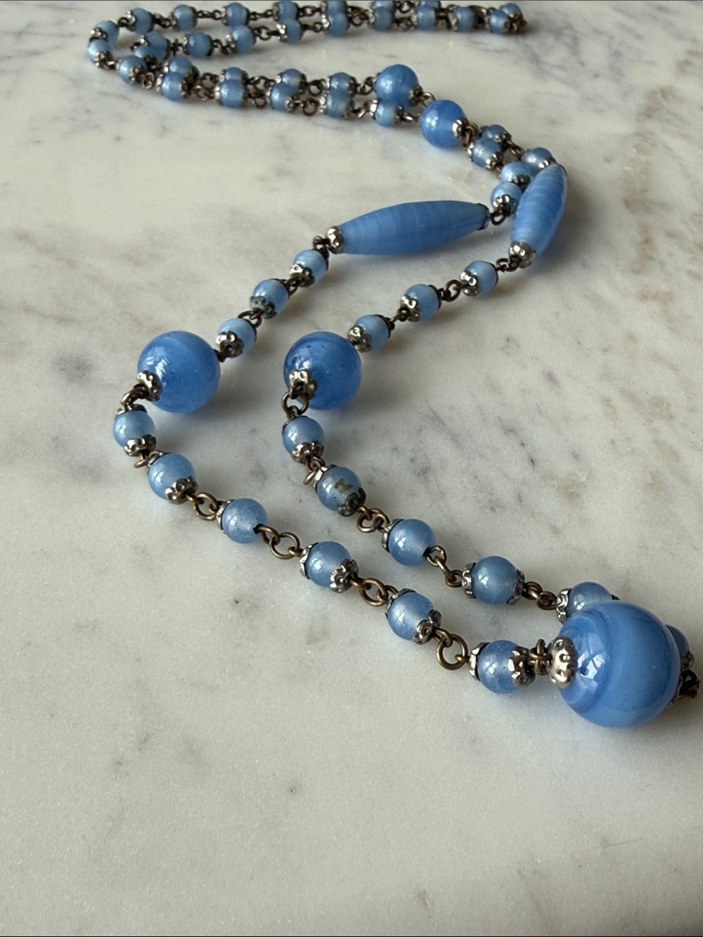 Vintage blue Czech 1920s art deco glass rosary bead necklace jewelry Sezane Doen - Picture 2 of 5